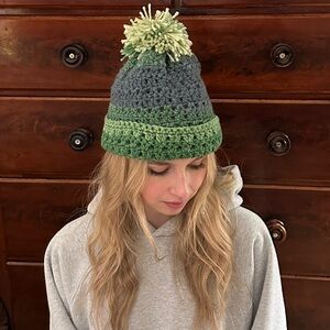Green and Blue Hand-Knit Crocheted Pom-Pom Beanie